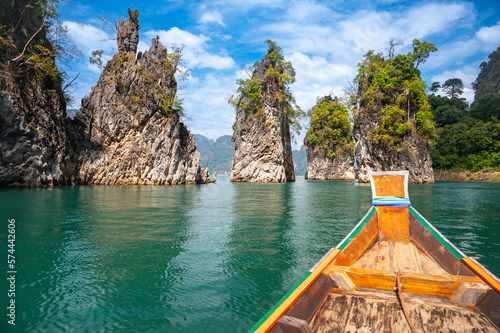Scenic view of three karst rock formations at Cheow Lan lake, Khao Sok National Park, Suratthani, Thailand
