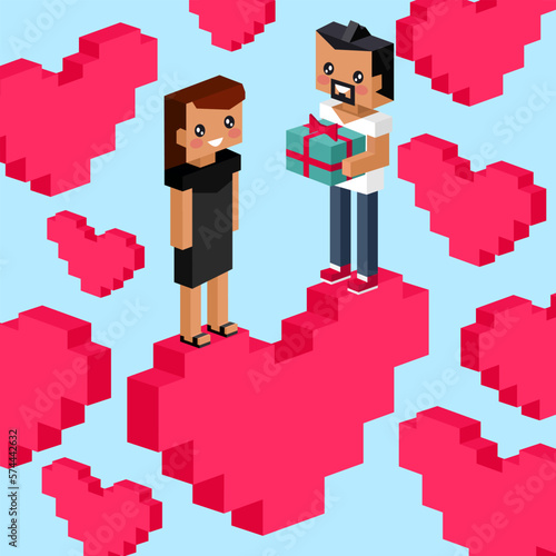 Happy Valentines Day poster in pixel art style. Love message. Pixel pink hearts and pixelated couple in love. Proposal for marriage at Valentines day. Honesty, romantic, relationship. Greeting Card