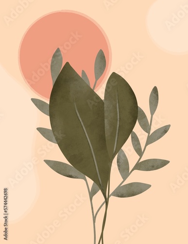 Floral art, pastel color botanical poster, green