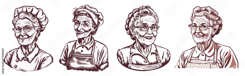 Set of happy grandma portraits hand drawn engraving style woodcut vector illustration Eps 10. - obrazy, fototapety, plakaty 