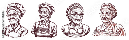 Set of happy grandma portraits hand drawn engraving style woodcut vector illustration Eps 10. photo