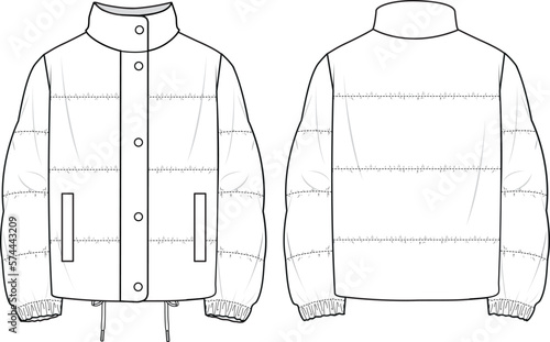 Unisex Quilted Elastic Sleeve Hem Puffer Jacket. Technical fashion illustration. Front and back, white color. Unisex CAD mock-up.