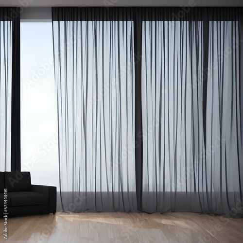 The interior of the living room in a minimalist style. Black curtain with tulle on a large window. comfortable chairs for watching TV. Sunset. 3D rendering - generative ai