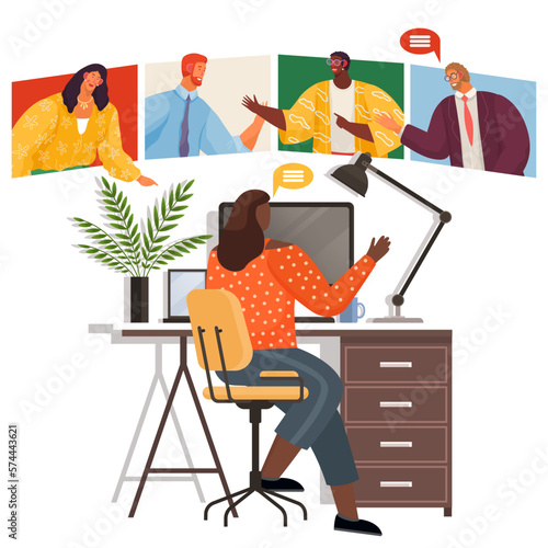 Video conference, converse via video call. Group of people on computer screen talking with colleague. Video conferencing and online communication concept. Virtual work meeting and videoconferencing