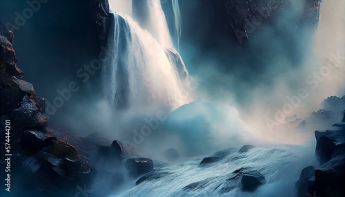 A close-up of a waterfall with mist and water droplets AI Generated