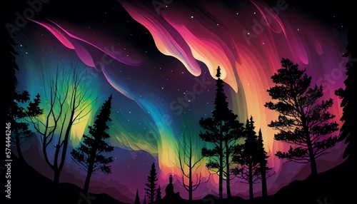 An abstract illustration of the aurora borealis with colorful lights and a night sky AI Generated © Denis Yevtekhov