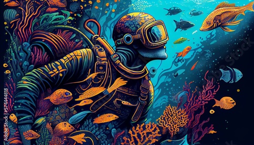 A detailed illustration of a person scuba diving  with a colorful underwater world and marine life AI Generated