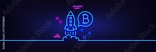 Neon light glow effect. Bitcoin line icon. Cryptocurrency startup sign. Crypto rocket symbol. 3d line neon glow icon. Brick wall banner. Bitcoin project outline. Vector