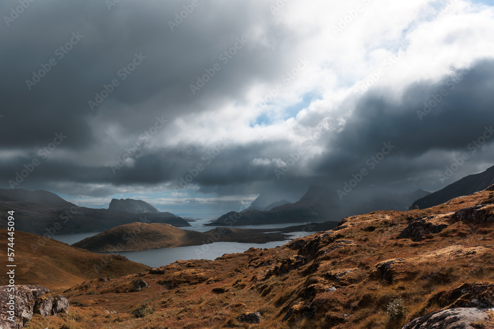 Landscape with dark clouds and beautiful scenery in Norway
