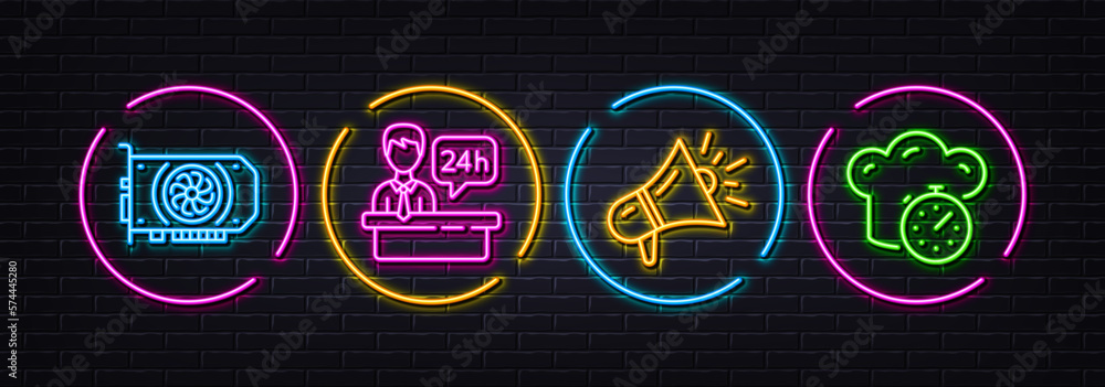 Gpu, Reception desk and Megaphone minimal line icons. Neon laser 3d lights. Cooking timer icons. For web, application, printing. Graphic card, Hotel service, Brand advertisement. Stopwatch. Vector