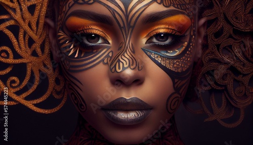 A close-up of a person's face with a beautiful, intricate makeup design, representing beauty and artistry AI Generated