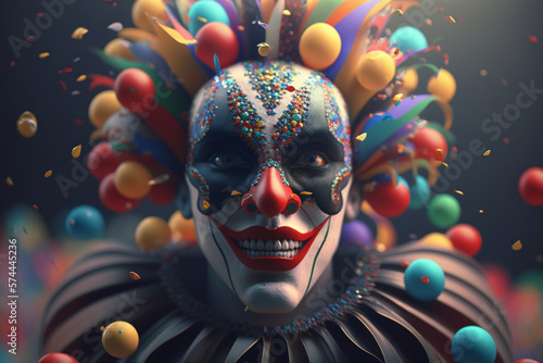 Carnival Parade: A Young Man Dressed as a Clown Smiling in the Streets of Brazil. Generative AI.