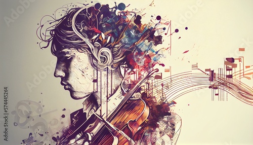 A detailed illustration of a person playing a musical instrument, with notes and musical staff in the background, representing creativity and passion AI Generated photo