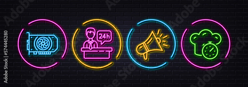 Gpu, Reception desk and Megaphone minimal line icons. Neon laser 3d lights. Cooking timer icons. For web, application, printing. Graphic card, Hotel service, Brand advertisement. Stopwatch. Vector