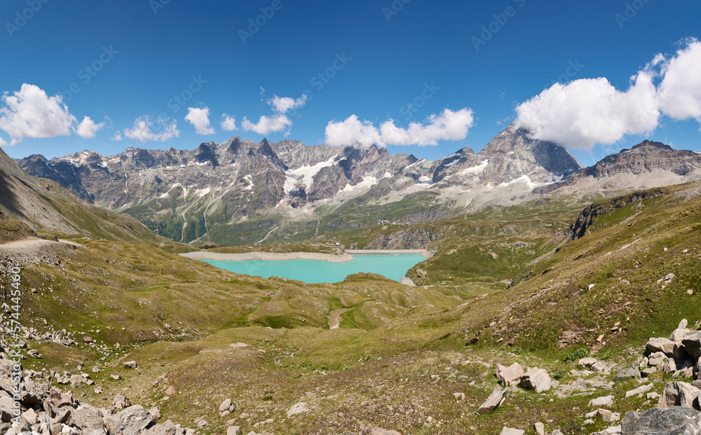 Panoramic view of the the Mount Matterhorn and Lago del Goillet, Italy