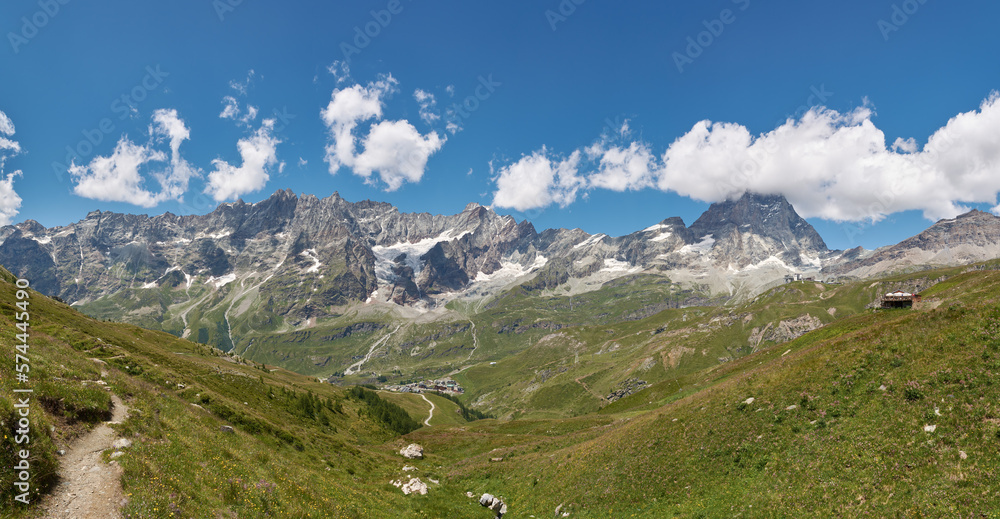 Panoramic view of the Matterhorn mountain ridge. Breuil-Cervinia, Italy