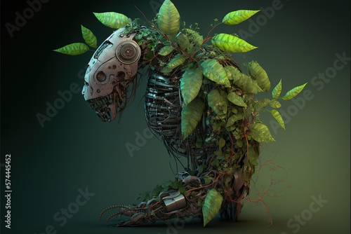 Broken robot with growing vegetation with leaves on back. Profile view. Portrait. Isolated.