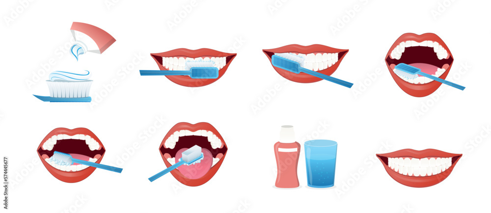 Stages of brushing teeth. Infographics, cleanliness and hygiene. Mouth ...