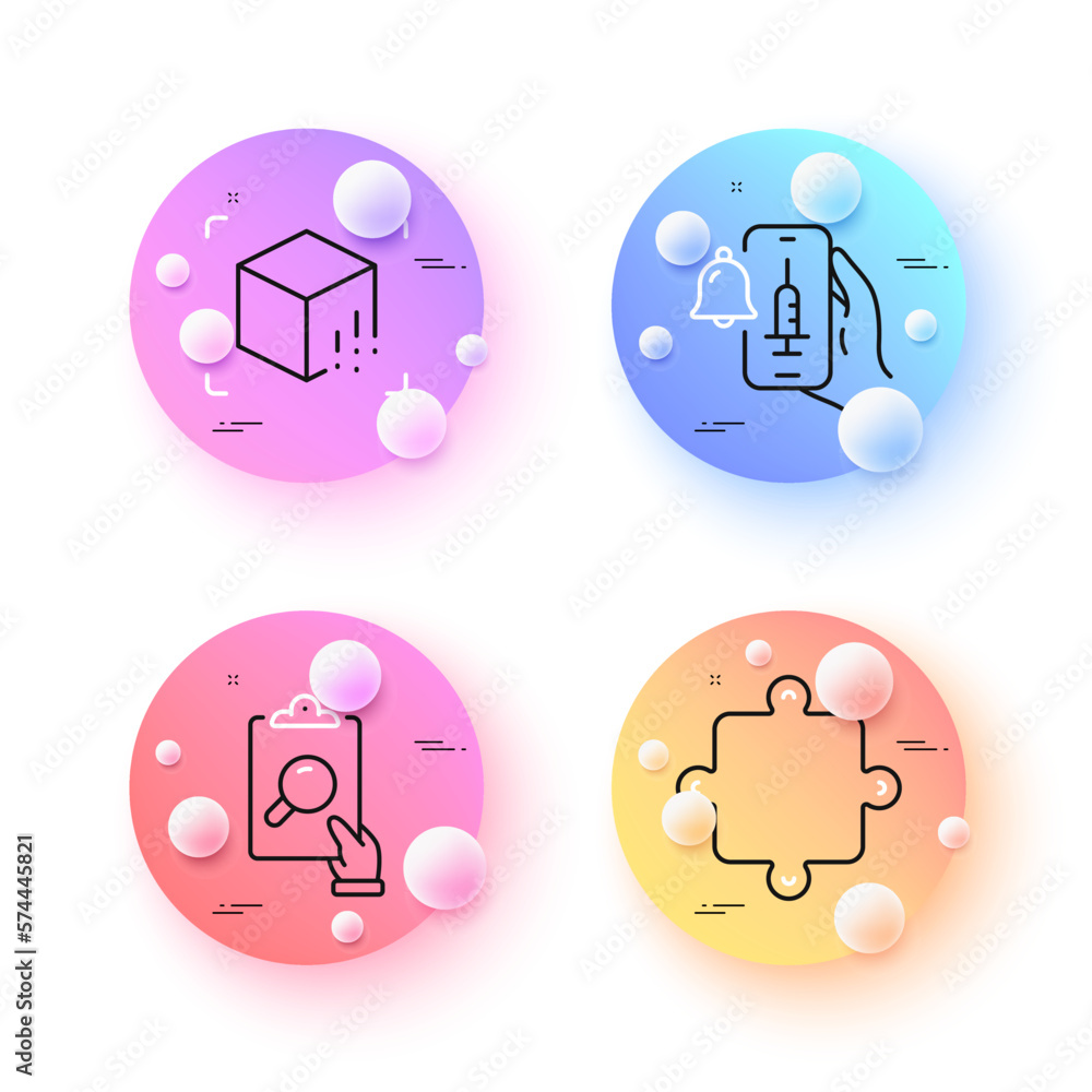 Augmented reality, Vaccine announcement and Puzzle minimal line icons. 3d spheres or balls buttons. Inspect icons. For web, application, printing. Vector Augmented reality, Vaccine announcement and Puzzle minimal line icons. 3d spheres or balls buttons. Inspect icons. For web, application, printing. Vector
