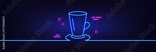 Neon light glow effect. Cup of Tea line icon. Fresh beverage sign. Latte or Coffee symbol. 3d line neon glow icon. Brick wall banner. Teacup outline. Vector