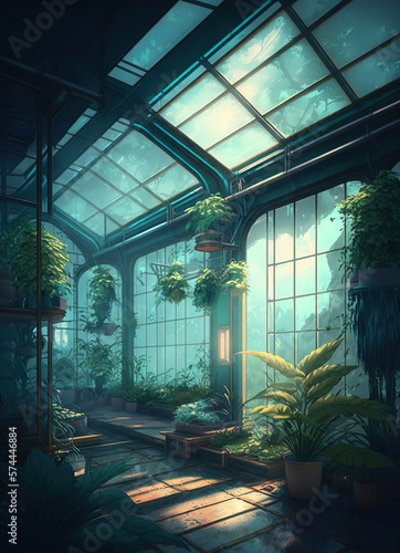 Interior of a cyberpunk industrial greenhouse, concept art illustration 