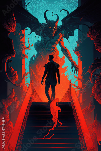 painting of a demon standing on a stairway, hell art illustration 