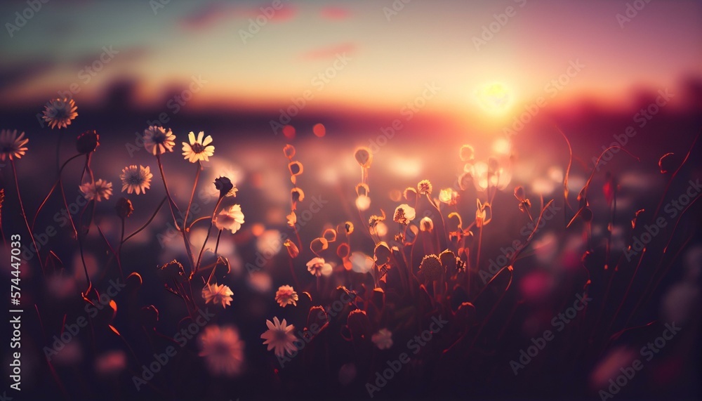 A dreamy bokeh background of a field of flowers with a beautiful sunset in the distance AI Generated