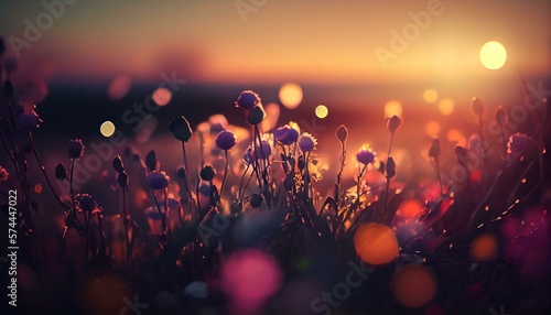 A dreamy bokeh background of a field of flowers with a beautiful sunset in the distance AI Generated