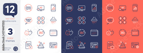 Set of Shower, Stop voting and Favorite line icons. Include Money currency, Graph phone, 360 degree icons. Pyramid chart, Lock, Seo adblock web elements. Calendar, Smile, Quick tips. Bathroom. Vector