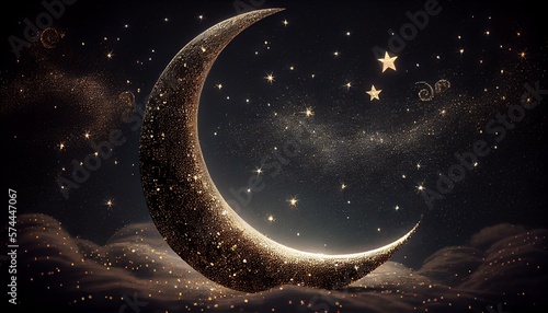 An ethereal bokeh background of glittering stars and a crescent moon in a dark sky AI Generated