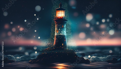 A stunning bokeh background of a lighthouse shining its light on the ocean at night AI Generated
