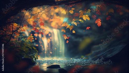 An enchanting bokeh background of a waterfall in a lush forest with colorful leaves and branches in the foreground AI Generated © Denis Yevtekhov