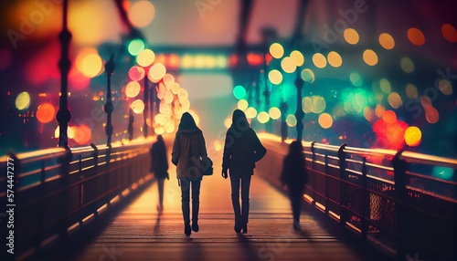 A romantic bokeh background of a couple walking on a bridge with colorful lights in the background AI Generated photo