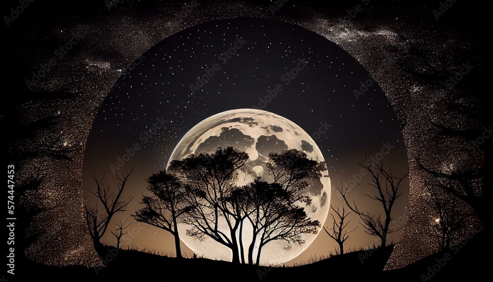 A striking bokeh background of a full moon in a dark sky with silhouettes of trees in the foreground AI Generated