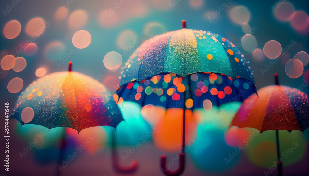 A cheerful bokeh background of colorful umbrellas in the rain with a