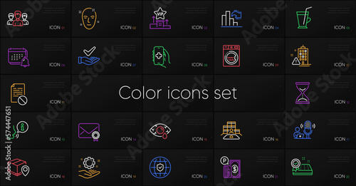 Set of Employee hand, Notification and Building warning line icons. Include Parking payment, Health skin, Coffee cup icons. Mattress guarantee, Parcel tracking. Bicolor employee hand icon. Vector