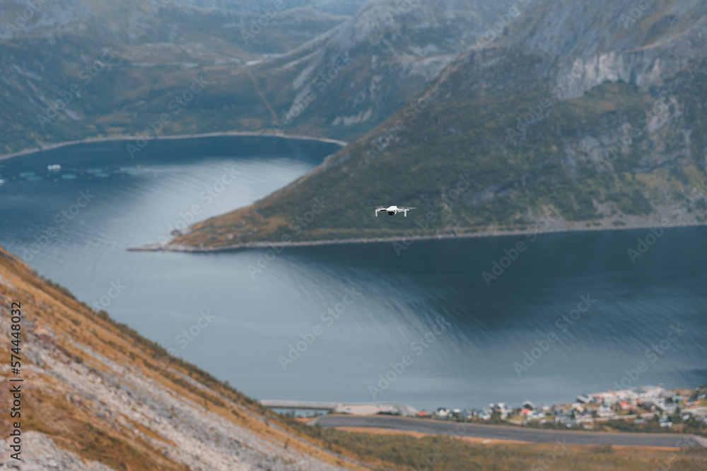 DJI drone flying in Norway over the mountains