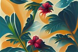 Tropical dark green leaves and large red hibiscus flowers, artistic solid background