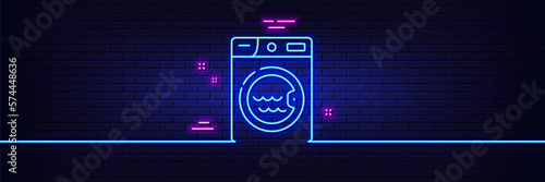 Neon light glow effect. Laundry line icon. Washing machine sign. Hotel service symbol. 3d line neon glow icon. Brick wall banner. Laundry outline. Vector
