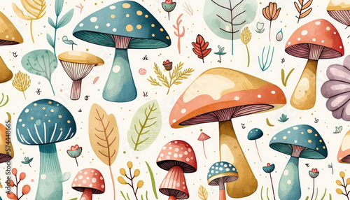 A charming and whimsical Anthropologie wallpaper with a mushroom theme, featuring a seamless watercolor pattern with hand-drawn doodles in bright and cozy colors