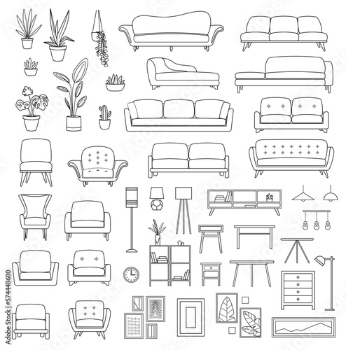 Living room furniture line set. Collection of graphic elements for website. Sofas, armchairs, plants and lamp. Comfort and coziness. Cartoon flat vector illustrations isolated on white background