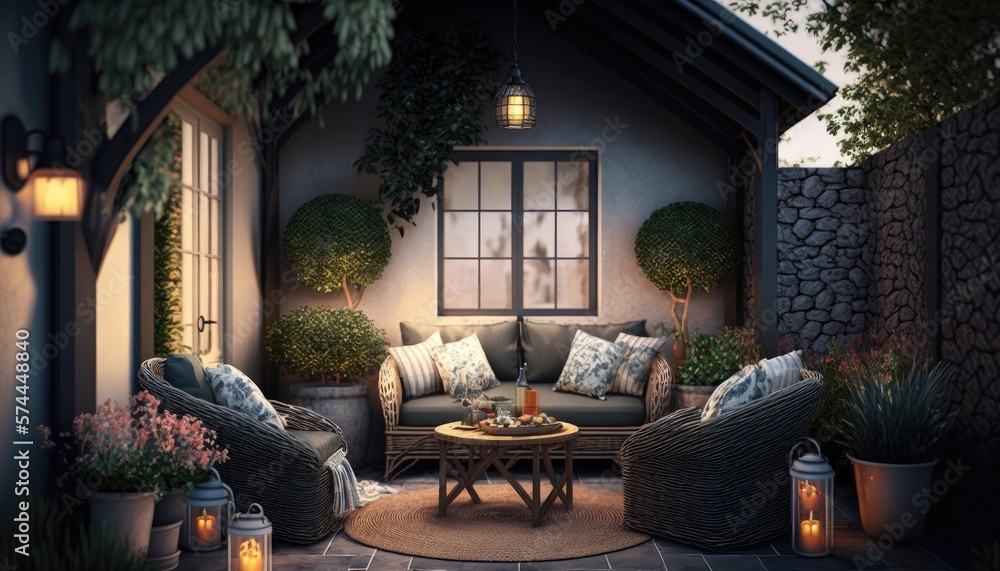 backyard cozy patio area with wicker furniture set generative ai