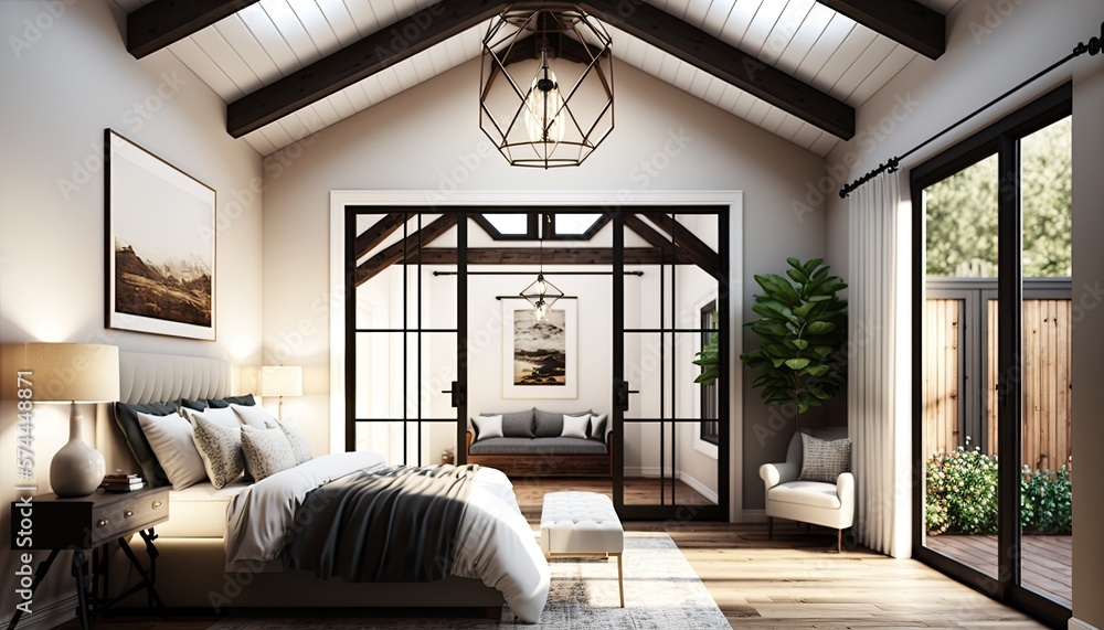 Bedroom in new luxury home with hardwood floors, sliding glass door leading to patio, and skylights with wood cross beams and elegant pendant light generative ai