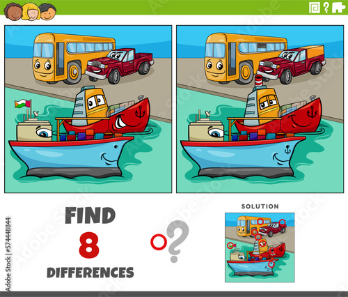 differences game with cartoon transport vehicles characters