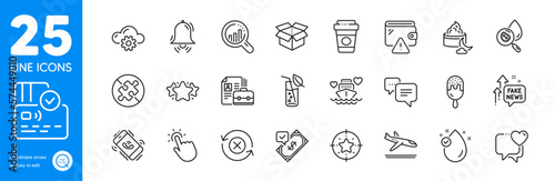 Outline icons set. Seo analysis, Star target and Heart icons. Vitamin e, Wallet, Cloud computing web elements. Reject refresh, Takeaway coffee, Arrivals plane signs. Vacancy, Ice cream. Vector