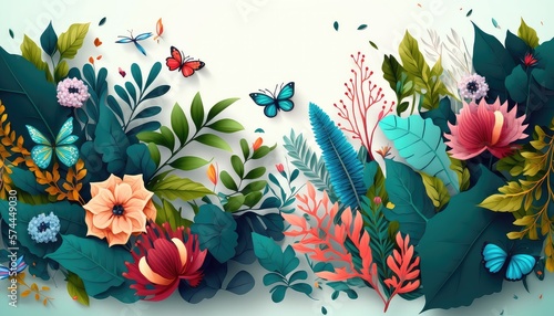 Summer meadow with flowers, green grass and butterflies, digital illustration background. Generative AI