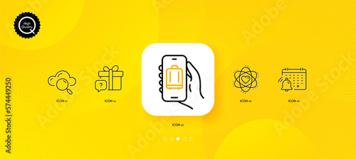 Cloud computing, Baggage app and Atom minimal line icons. Yellow abstract background. Secret gift, Notification calendar icons. For web, application, printing. Vector
