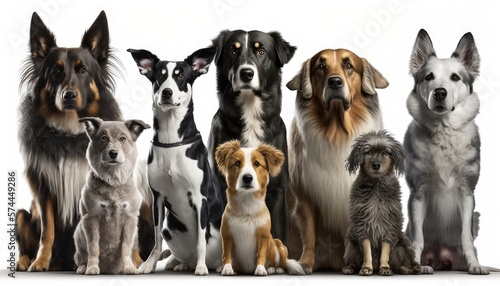 Group of twelve different dogs on isolated background generative ai,