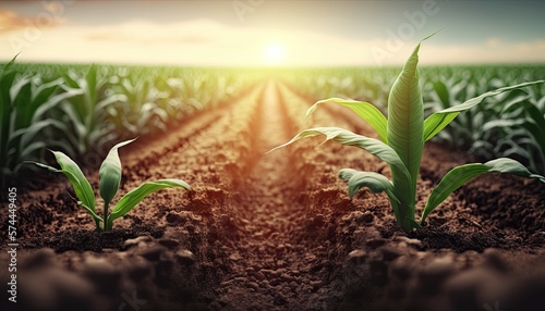 Fotografiet Organic maize farm or corn field seeding and plantign agriculture, sweet corn ga