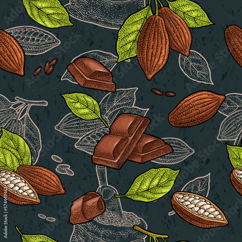 Seamless pattern fruits cocoa and piece chocolate. Vector vintage color engraving